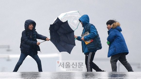 28일 서울 광화문광장 인근에서 어린이들이 우산을 쓴채 봄비를 맞으며 거리를 걷고 있다. 2018.2.28  박지환 기자 popocar@seoul.co.kr
