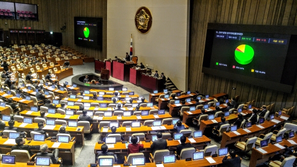 28일 국회에서 열린 본회의에서 근로기준법 일부개정법률안(대안)이 통과되고 있다. 이종원 선임기자 jongwon@seoul.co.kr