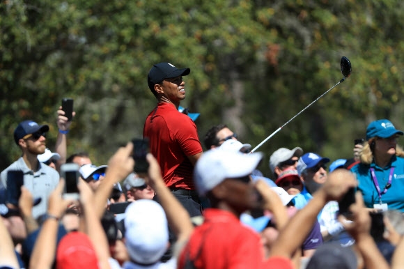타이거 우즈가 12일 미국프로골프(PGA) 투어 발스파 챔피언십 4라운드 5번홀에서 티샷을 날린 뒤 날아가는 공을 주시하고 있다. AFP연합뉴스