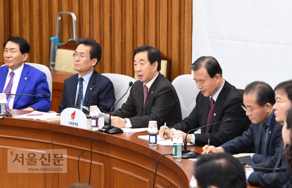 김성태(왼쪽 세 번째) 자유한국당 원내대표가 16일 국회에서 열린 원내대책회의에서 정부 주도의 개헌안 추진을 비판하며 분권형 대통령제와 책임총리제를 핵심으로 하는 당 개헌 로드맵을 밝히고 있다.  이호정 전문기자 hojeong@seoul.co.kr