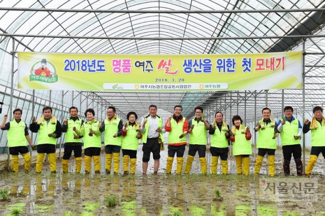 20일 여주시 우만동에 소재 농가에서 한 첫 모내기 행사는 원경희 (왼쪽 8번째)여주시장을 비롯한 농업인과 관계자들이 참가해 정성들여 모를 심으며 풍년농사를 기원했다