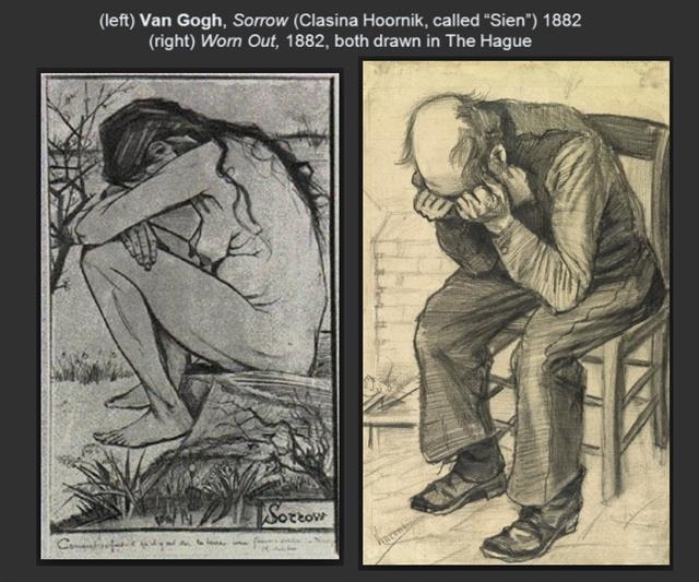 빈센트 반 고흐가 동생 테오에게 보낸 편지는 928편이 남아 있다. 그의 사상과 그림을 이해할 수 있는 소중한 자료들이다. 고흐는 삶에 찌든 매춘부 동거녀 시엔의 누드를 그린 ‘슬픔’(왼쪽)을 통해 여성을 바라보는 시각에 ‘전복’을 꾀했다. 오른쪽 그림은 ‘슬픔’과 함께 1882년 그린 ‘힘듦’이라는 작품으로, 집안의 반대로 시엔과의 결혼을 이루지 못한 고흐의 괴로움이 반영돼 있다.