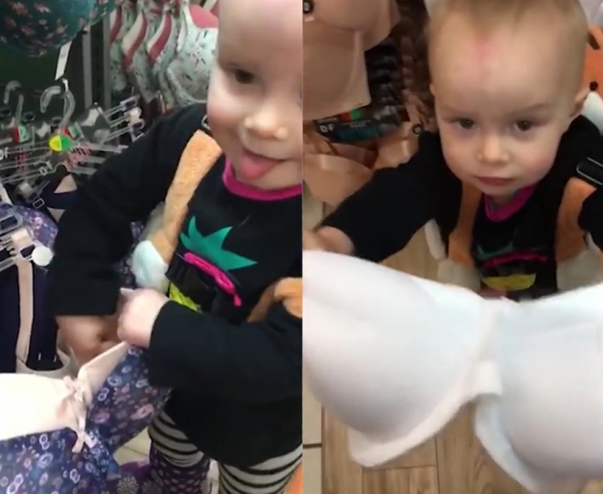너무 배가 고파 상점에 진열된 브래지어 속에 음식이 숨겨져 있는지 확인하는 귀여운 아이 모습(유튜브 영상 캡처)