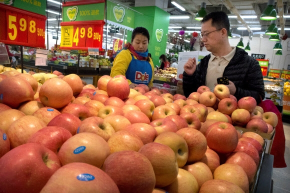 지난달 23일 중국 베이징의 한 대형마트에서 미국 농산물 브랜드 유니폼을 입은 여직원이 한 고객에게 사과를 팔고 있다. 베이징 AP 연합뉴스