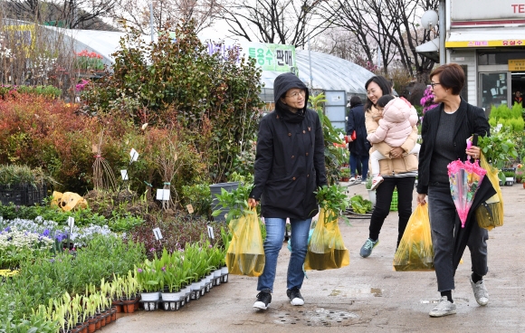 식목일을 하루 앞둔 4일 오전 서울 양재동 묘목시장을 찾은 사람들이 꽃을 사고 있다. 2018.4.4 도준석 기자 pado@seoul.co.kr