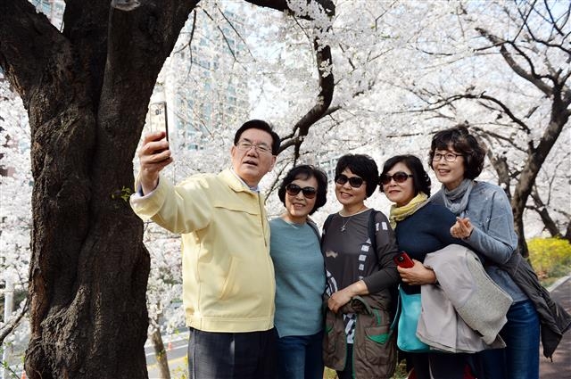 유덕열(왼쪽 첫 번째) 서울 동대문구청장이 지난 2일 벚꽃 구경을 나온 주민들과 사진을 찍고 있다.  동대문구 제공