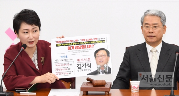 바른미래당 이언주 의원이 13일 국회에서 열린 바른미래당 의원총회에서 김기식 금융감독원장의 과거 발언이 담긴 피켓을 들어 보이고 있다. 이종원 선임기자  jongwon@seoul.co.kr