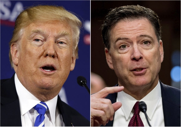도널드 트럼프(왼쪽) 미국 대통령과 제임스 코미 전 연방수사국(FBI) 국장. AP 연합뉴스