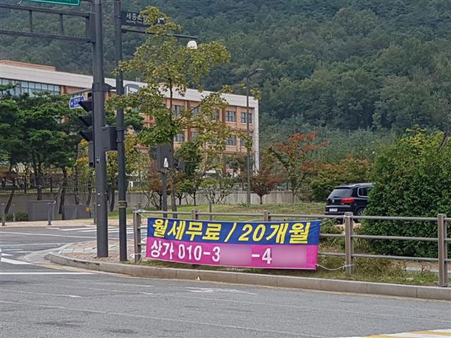 세종시 거리에 ‘20개월 공짜 임대료’ 상가 분양 광고가 걸려 있다.  서울신문 DB