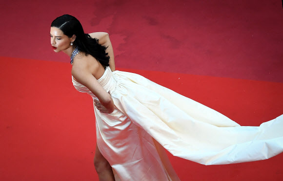 모델 아드리아나 리마가 16일(현지시간) 프랑스 칸에서 열리고 있는 ‘제71회 칸영화제’에서 아찔한 각선미와 볼륨 몸매를 뽐내며 레드 카펫을 걷고 있다.<br>AFP 연합뉴스