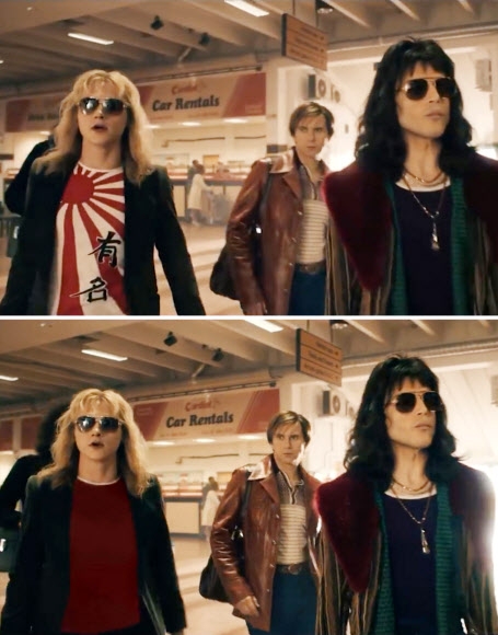 세계적인 락그룹 ‘퀸’ 전기영화 ‘보헤미안 랩소디’ 예고편 티저영상에서 사용된 욱일기 모습(위)과 네티즌들의 항의로 바뀐 장면(아래).  서경덕 교수 연구팀 제공=연합뉴스