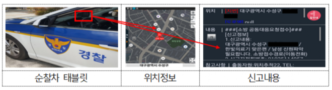 순찰에 설치된 태블릿에는 이와 같이 신고 내용이 전달된다. 사진=행정안전부