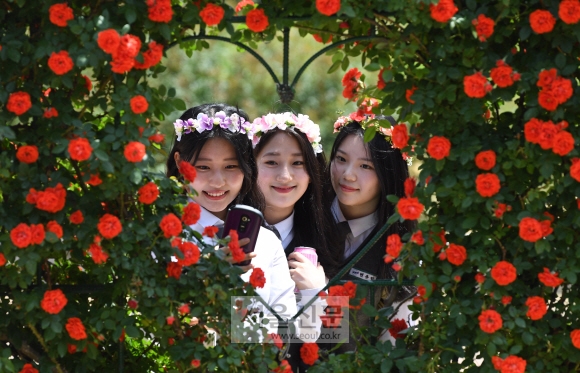 예쁜 꽃 옆에 예쁜 애