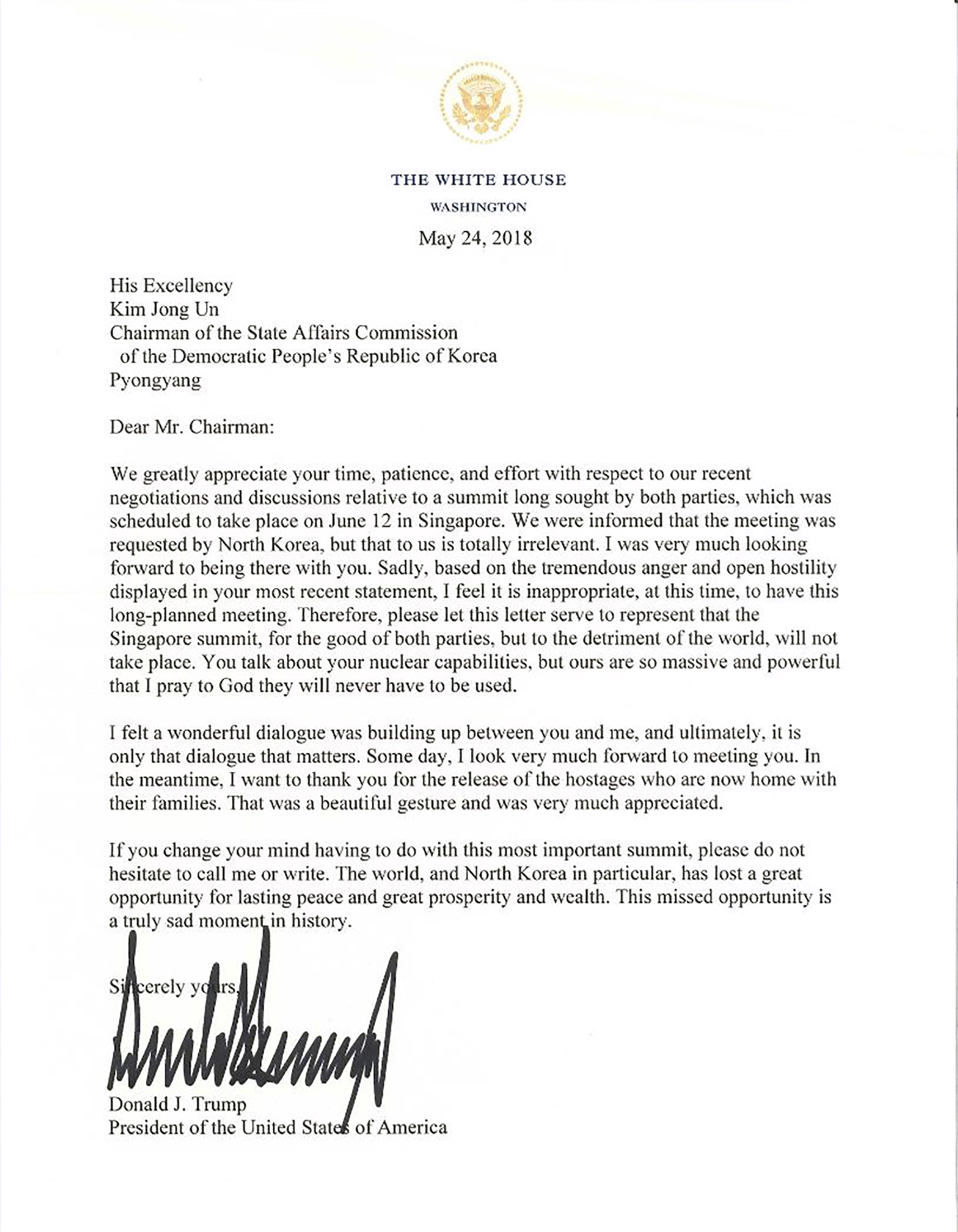 북미정상회담 취소를 통보한 트럼프의 편지