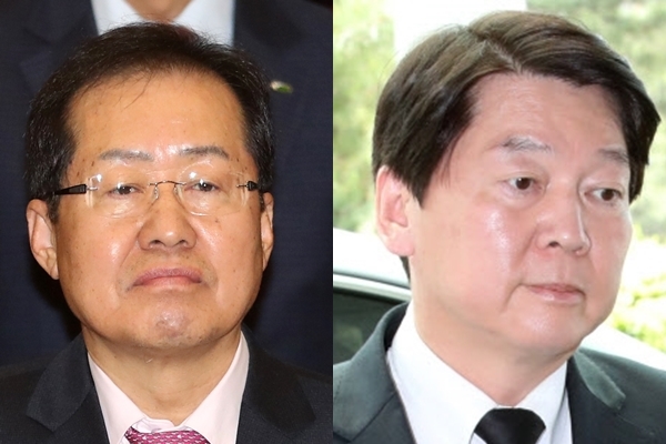 홍준표(왼쪽) 자유한국당 대표와 안철수 바른미래당 서울시장 후보