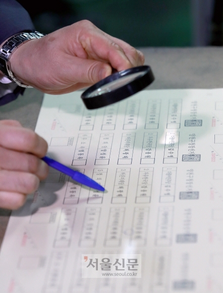 28일 서울 영등포구의 한 인쇄소에서 제7회 전국동시지방선거에 사용할 투표용지를 인쇄하며 인쇄 상태를 확인하고 있다. 박지환 기자 popocar@seoul.co.kr