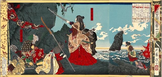 신공왕후 삼한정벌도(1880년 제작). 일본은 정한론 차원에서 신공왕후가 삼한을 정벌했다는 주장을 사실이라고 우기기 시작했다.