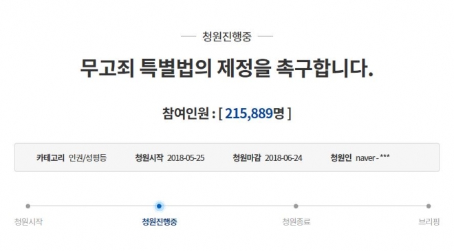  ‘무고죄 특별법의 제정을 촉구합니다’라는 제목으로 접수된 청원