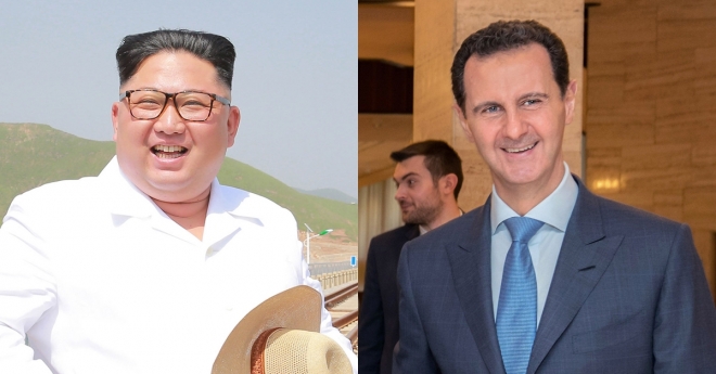 김정은(왼쪽) 북한 국무위원장과 바샤르 알 아사드 시리아 대통령. 연합뉴스·AFP연합뉴스