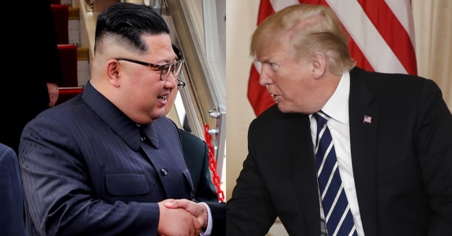 김정은(왼쪽) 북한 국무위원장과 도널드 트럼프 미국 대통령의 합성 사진. 연합뉴스. AP 연합뉴스