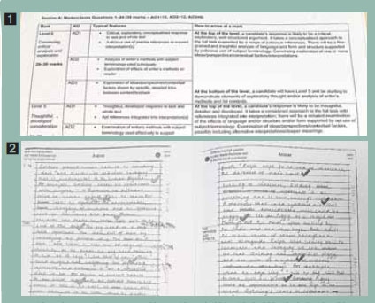 ① 영국의 2017년 GCSE(중학교졸업증명시험) 영어시험 답안지. 서술형으로 답해야 하는 각 문제마다 채점 기준이 자세히 작성돼 있다. ② 시험지는 해당 문제에 대한 예시 답안지로 답안 내에 ‘v’로 체크가 돼 있는 부분은 출제 의도에 맞게 답안이 작성됐다는 뜻이다. 채점을 하는 교사들은 채점 기준과 예신 답안을 보고 학생들의 답안에 알맞은 점수를 부여할 수 있다.