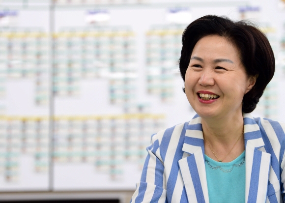 김수영 서울 양천구청장 당선자가 26일 서울신문과의 인터뷰에서 지역 숙원인 서부트럭터미널 개발과 신정차량기지 이전 계획을 임기 안에 확정하겠다고 다짐하고 있다. 정연호 기자 tpgod@seoul.co.kr