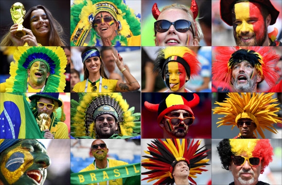 7일 오전 3시 8강전에서 맞붙는 브라질 팬과 벨기에 팬들이 승리를 기원하는 모습.  AFP 연합뉴스