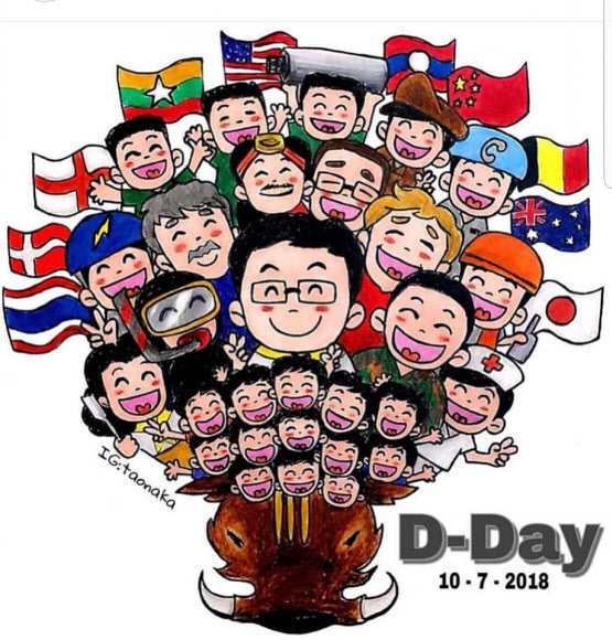 ‘타오나카’라는 필명의 태국 만화작가가 멧돼지 머리 위에서 웃고 있는 13명의 생환자와 구조에 참여했던 국가의 국기를 그린 만화. 하단에는 전원 구조한 2018년 7월 10일을 D데이로 기념한 문구가 들어가 있다. 페이스북 캡처 연합뉴스