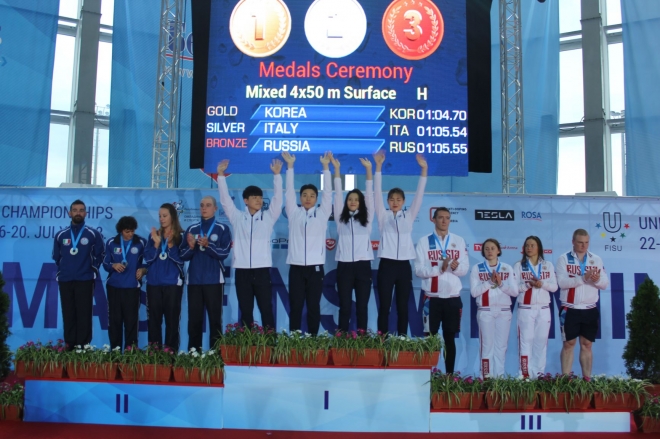 지난 18일 표면 혼성계역 4×50m 경기에서 1위를 차지한 한국 선수들이 금메달을 받은 뒤 손을 흔들고 있다. 대한수중핀수영협회 제공. 