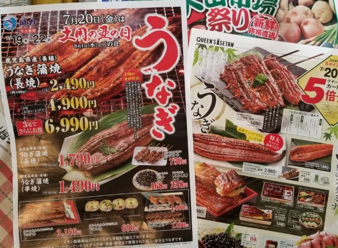 20일 일본의 복날인 ‘도요노우시노히’에 맞춰 유통업체들이 뿌리고 있는 장어 보양식 전단지.