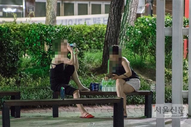 지난 29일 저녁 서울 중구 한 어린이공원에 주민들이 모여 캔맥주를 마시고 있다. 류재민 기자 phoem@seoul.co.kr