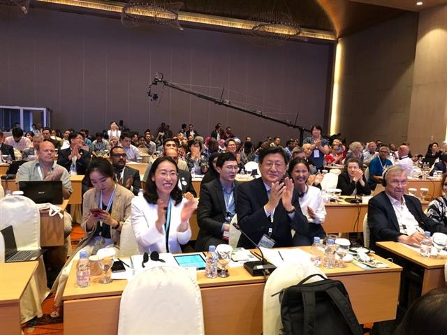 지난달 25일 인도네시아 팔렘방에서 열린 유네스코 ‘인간과 생물권 계획’(MAB) 국제조정이사회에 참석한 전영재(앞줄 오른쪽 두 번째) 전남 순천시 부시장이 순천시 전역과 금강산에 대한 생물권 보전지역 지정 발표를 보며 기뻐하고 있다.  순천시 제공