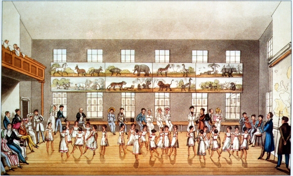 1817년 개설된 뉴 래나크의 유치원 그림. 영국 최초의 어린이 학교로, 오늘날에도 협동조합과 오언의 사회주의 정신을 가르치고 있다.  뉴 래나크 트러스트 제공