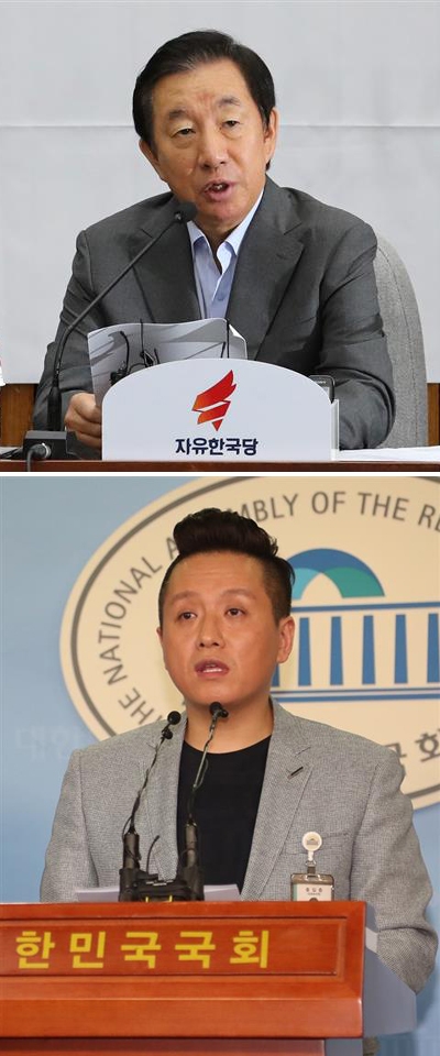 김성태(위) 자유한국당 원내대표는 계엄 문건을 폭로한 임태훈(아래) 군인권센터 소장을 향해 ‘성소수자’ 발언을 하면서 논란을 불렀다.  연합뉴스