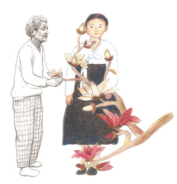2004년 돌아가신 김순덕(왼쪽) 할머니가 자신의 소녀 시절의 모습을 그린 ‘못다 핀 꽃’을 바라보는 모습을 이경신 화가가 그린 그림.  휴머니스트 제공