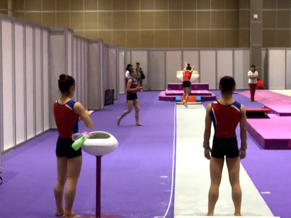 도마 훈련하는 북한 여자 체조 대표팀
