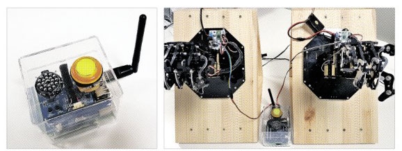 KT가 지난달말 출시한 ‘AI 메이커스 키트’로 만든 AI 스피커(왼쪽). AI 스피커가 로봇손을 이용해 가위바위보 게임을 하는 모습(오른쪽). KT 제공