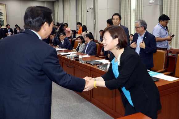김성태 원내대표와 인사하는 진선미 의원