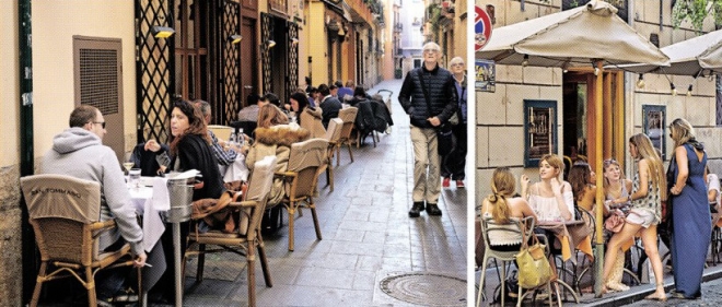 유럽인의 식사 시간은 짧게는 1시간, 길게는 3시간까지 이어진다. 술과 음식, 대화가 한자리에서 모두 해결될 수 있으니 굳이 2차, 3차를 하러 갈 필요가 없기 때문이다. 왼쪽 사진은 스페인 발렌시아, 오른쪽은 이탈리아 로마의 노천 카페 풍경이다.