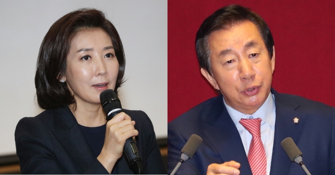 자유한국당의 나경원(왼쪽) 의원과 김성태 원내대표. 연합뉴스