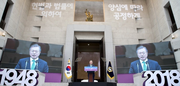 ‘법의 여신’ 밑에서 사법독립 말하는 문 대통령