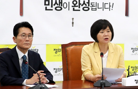 이정미(오른쪽) 정의당 대표가 13일 오전 국회에서 열린 상무위원회에서 발언하고 있다. 2018.9.13