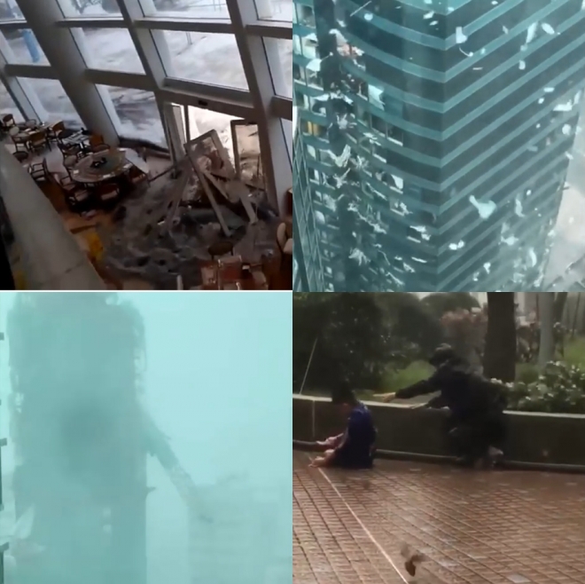16일(현지시간) 슈퍼 태풍 ‘망쿳’이 홍콩을 강타한 모습. 2018.9.17  Natural Disasters 유튜브 캡처 