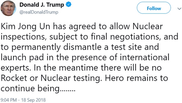 트럼프, 트위터에 “김정은, 핵사찰에 합의”
