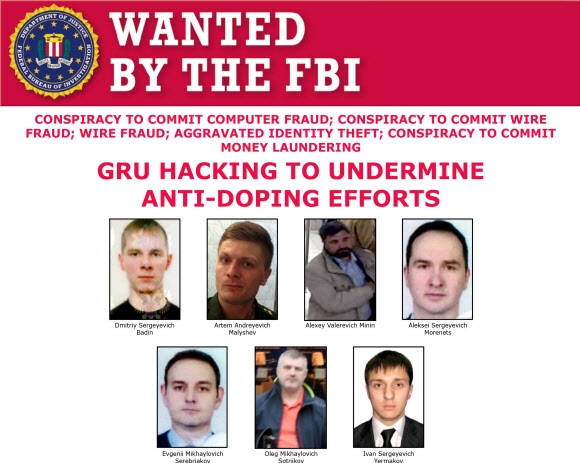 지난 4일(현지시간) 미국 법무부가 해킹 등의 혐의로 기소한 러시아 정보요원 7명에 대한 미 연방수사국(FBI)의 수배 포스터./로이터=연합뉴스