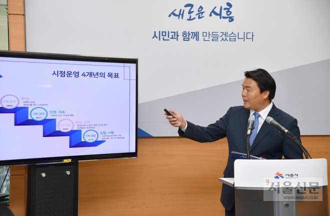 임병택 시흥시장이 취임 100일을 기념해 시민관에서 ‘행복한 변화, 새로운 시흥’을 향한 민선7기 공약 보고회를 가졌다. 시흥시 제공