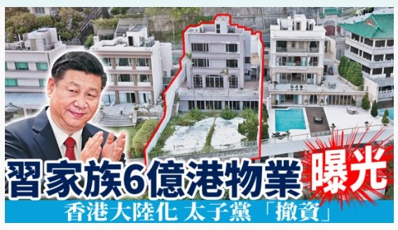 시진핑 국가주석의 생질녀 장옌난이 사들인 홍콩 리펄스베이에 있는 4층짜리 고급주택(빨간 원안). 홍콩 빈과일보 홈페이지 캡처