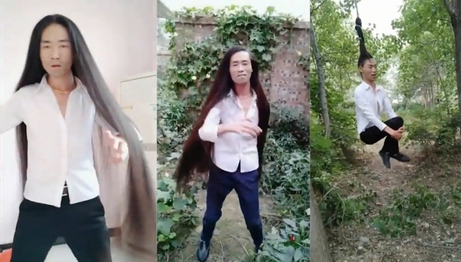 장발의 머리를 이용해 로프스윙 놀이를 하고 있는 엉뚱한 중국 남성 모습(유튜브 영상 캡처)