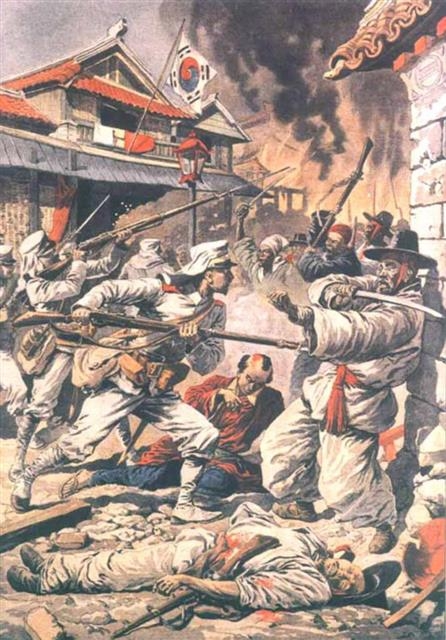 을사늑약이 체결된 뒤인 1907년 일본군이 서울에서 일제에 저항하는 조선인들을 학살하고 있다.8월 4일 프랑스 잡지‘르 프티 주르날’에 실린 삽화.