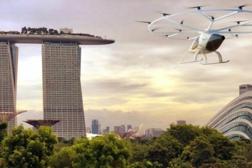 볼로콥터의 에어 택시가 싱가포르 도심에서 시험 운행을 진행하는 모습을 그린 상상도  연합뉴스